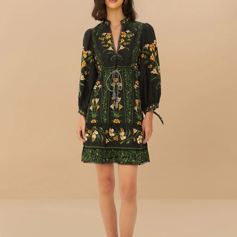 FARM Rio Black Dress with Green and Yellow Floral Design
